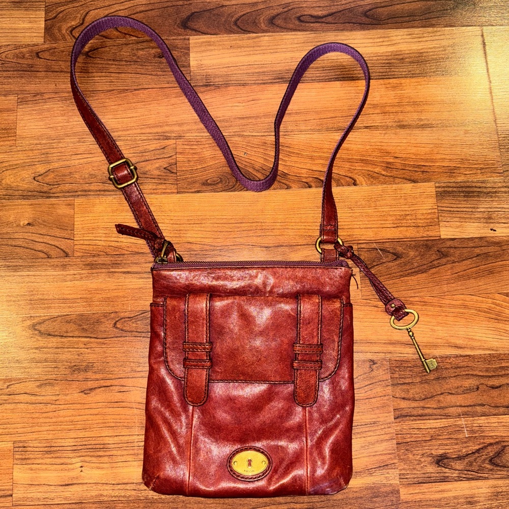 Fossil Red Leather Crossbody with Key Charm
